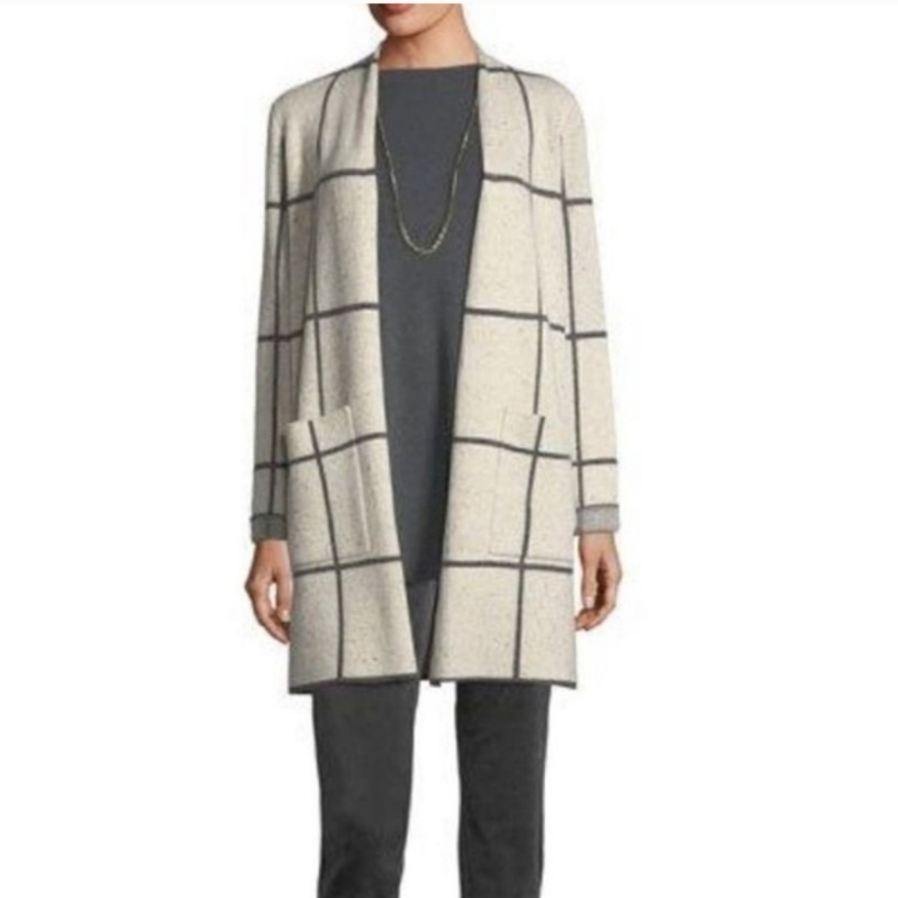 Eileen Fisher Windowpane Open Front Cream and Black Cardigan